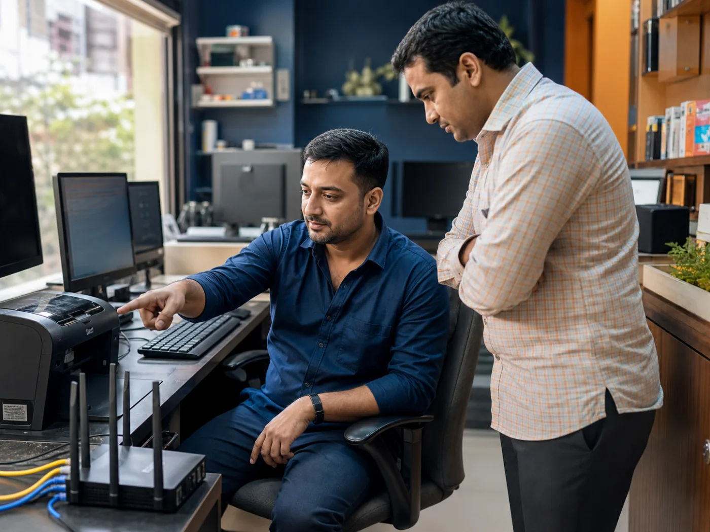 Technician reviewing a small business computer and network setup with the owner