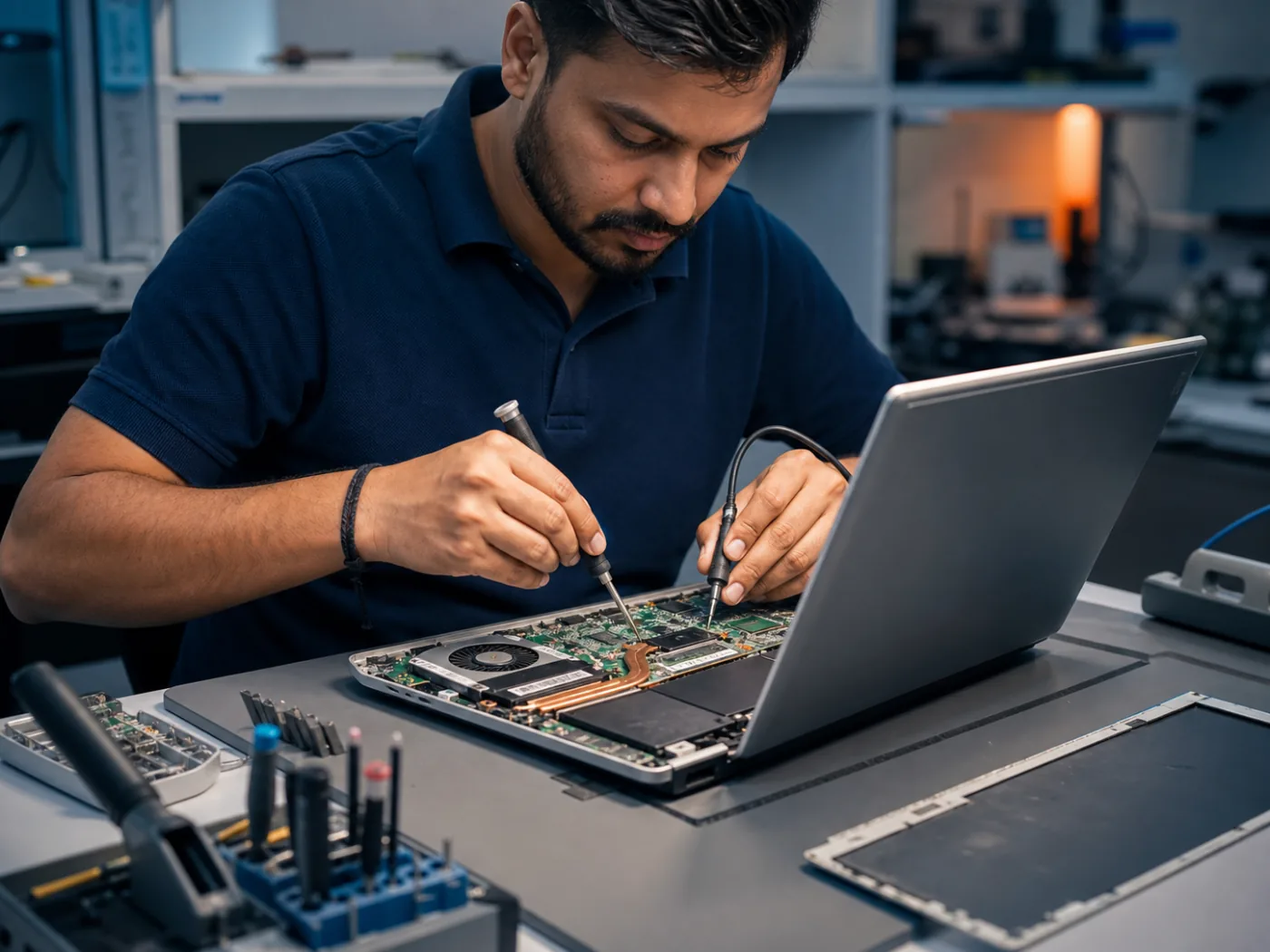 Computer technician diagnosing an open laptop at a professional repair bench in Mumbai